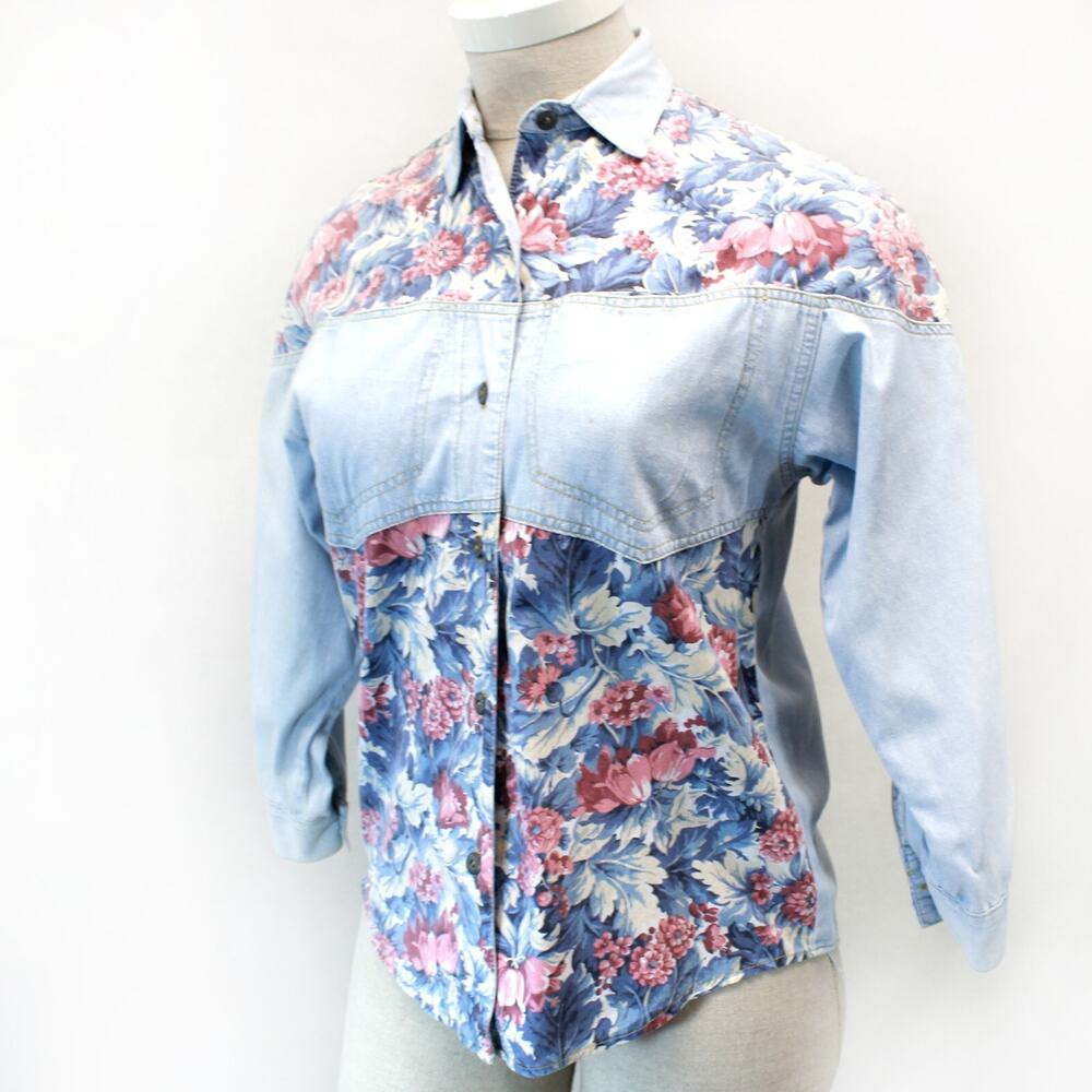 Breaker Jeans Denim Floral Print Western Style Long Sleeve Top Blouse Large